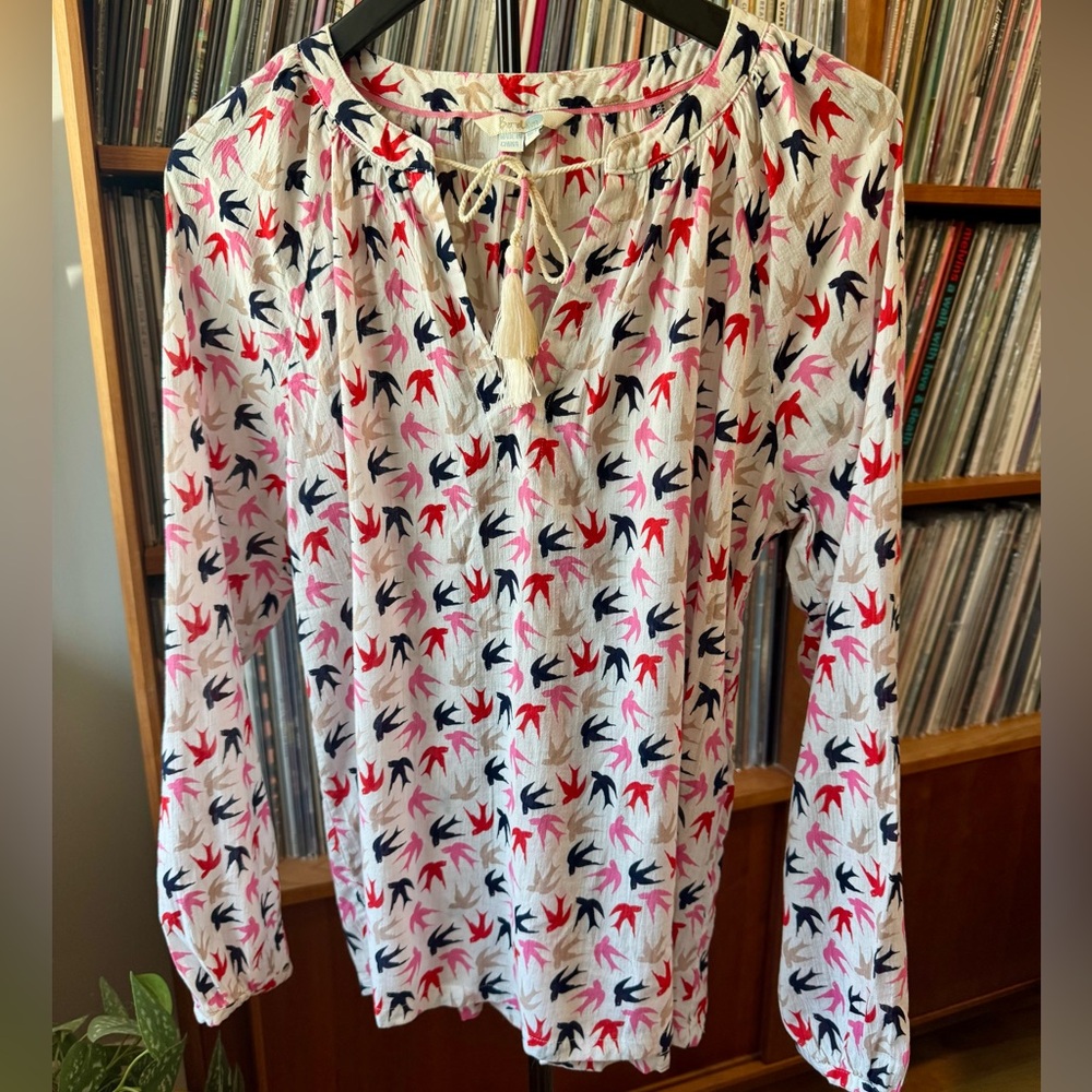 Boden Bird-Print Peasant Blouse with Tassel Tie